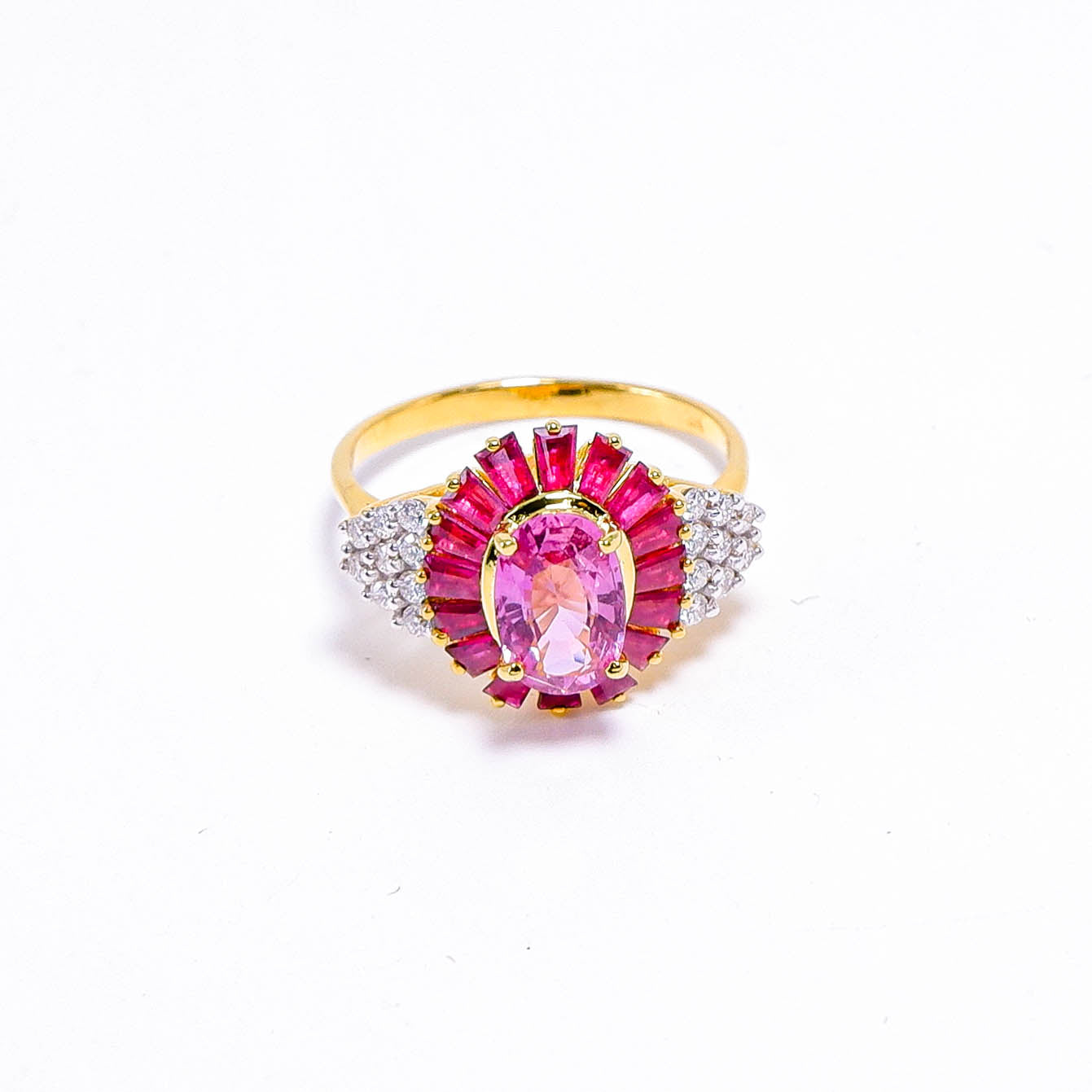 แหวนทอง9K ฝังพลอยพิงค์แซฟไฟร์ (Pink Sapphire) + ทับทิม (Ruby) + เพชร ...