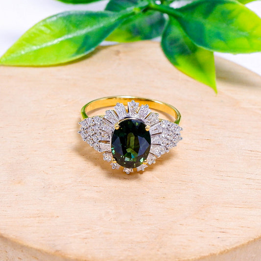 แหวนทอง9K ฝังพลอยเขียวส่อง (Green Sapphire) + เพชร (Diamond)