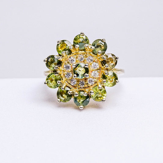 แหวนเงินแท้ 925 ฝังพลอย เขียวส่อง (green Sapphire) + เซอร์คอน (Zircon)
