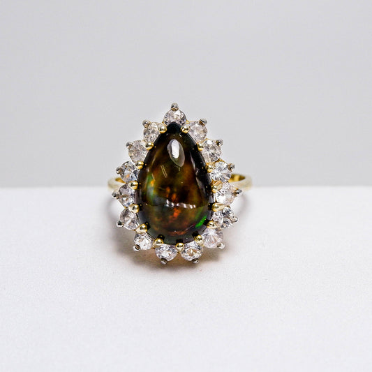 แหวนเงินแท้ 925 ฝังพลอย แบล็คโอปอล (Black Opal) + เซอร์คอน (Zircon)