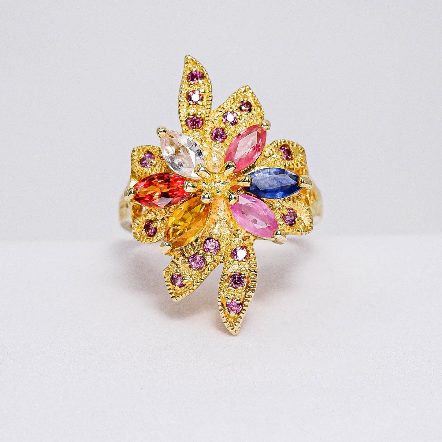 แหวนเงินแท้ 925 ฝังพลอย แซฟไฟร์ (Sapphire) + ไพลิน (Blue Sapphire) + โรโดไลท์ (Rhodolite)
