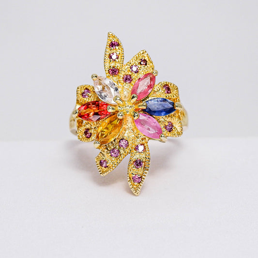 แหวนเงินแท้ 925 ฝังพลอย แซฟไฟร์ (Sapphire) + ไพลิน (Blue Sapphire) + โรโดไลท์ (Rhodolite)