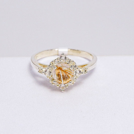 แหวนเงินแท้ 925 ฝังพลอย ไหมทอง (Golden Rutilated Quartz) + เซอร์คอน (Zircon)