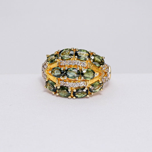 แหวนเงินแท้ 925 ฝังพลอย เขียวส่อง (green Sapphire) + เซอร์คอน (Zircon)