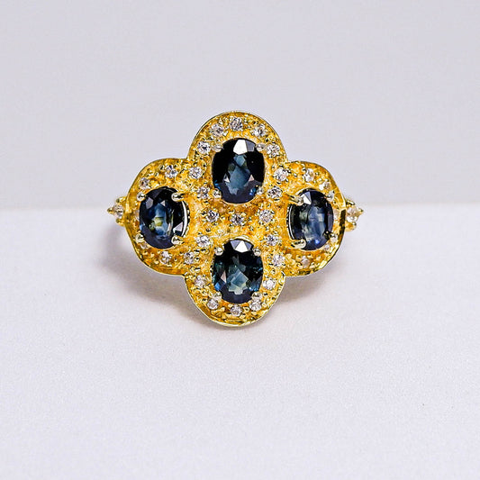 แหวนเงินแท้ 925 ฝังพลอย เขียวส่องบางกะจะ (green Sapphire) + เซอร์คอน (Zircon)