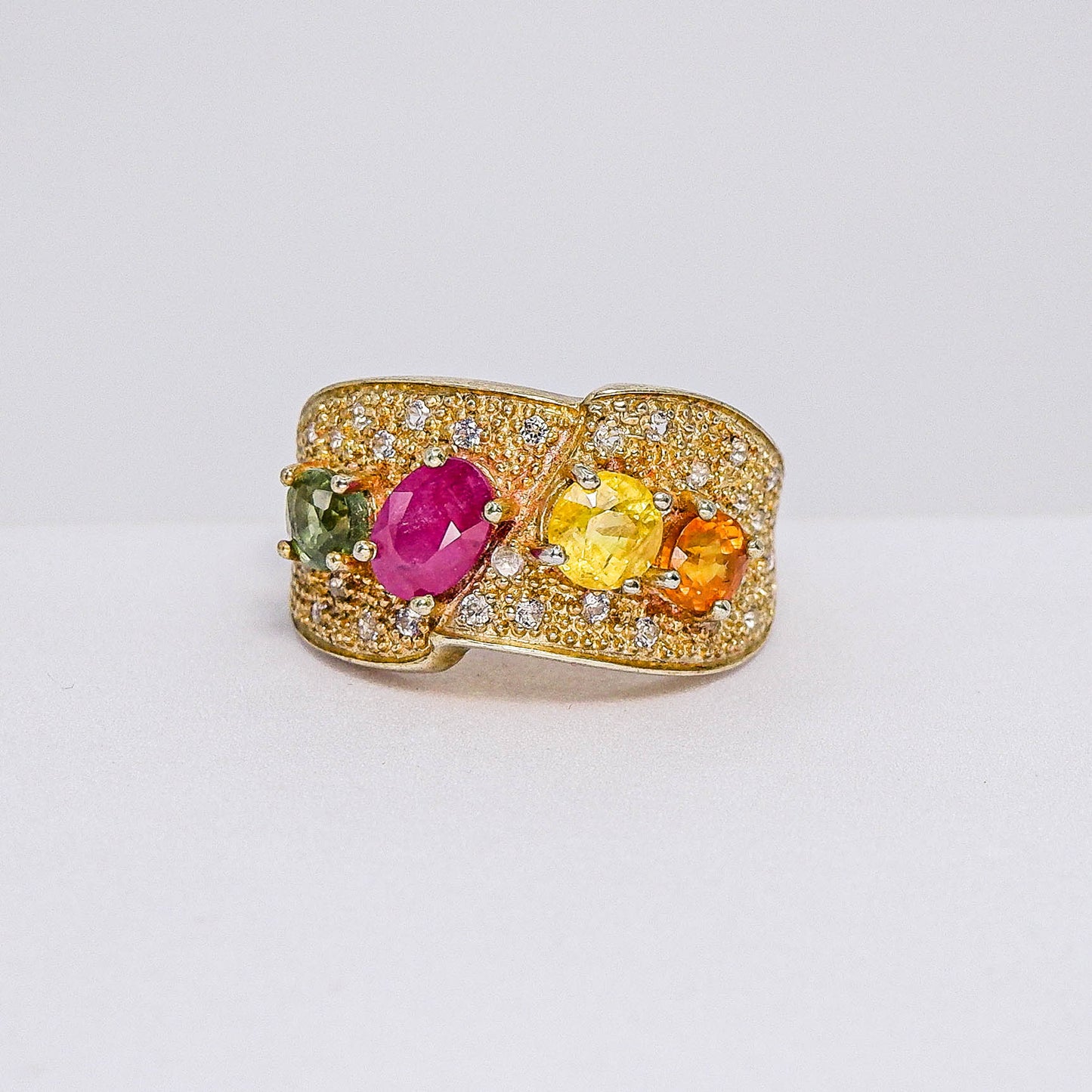 แหวนเงินแท้ 925 ฝังพลอย แฟนซีแทนซาเนีย (Songea Sapphire) + บุษราคัม (Yellow Sapphire) + ไวท์โทพาส  (whitetopaz)