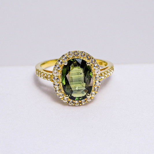 แหวนเงินแท้ 925 ฝังพลอย เขียวส่อง (green Sapphire) + ไวท์โทพาส (whitetopaz)