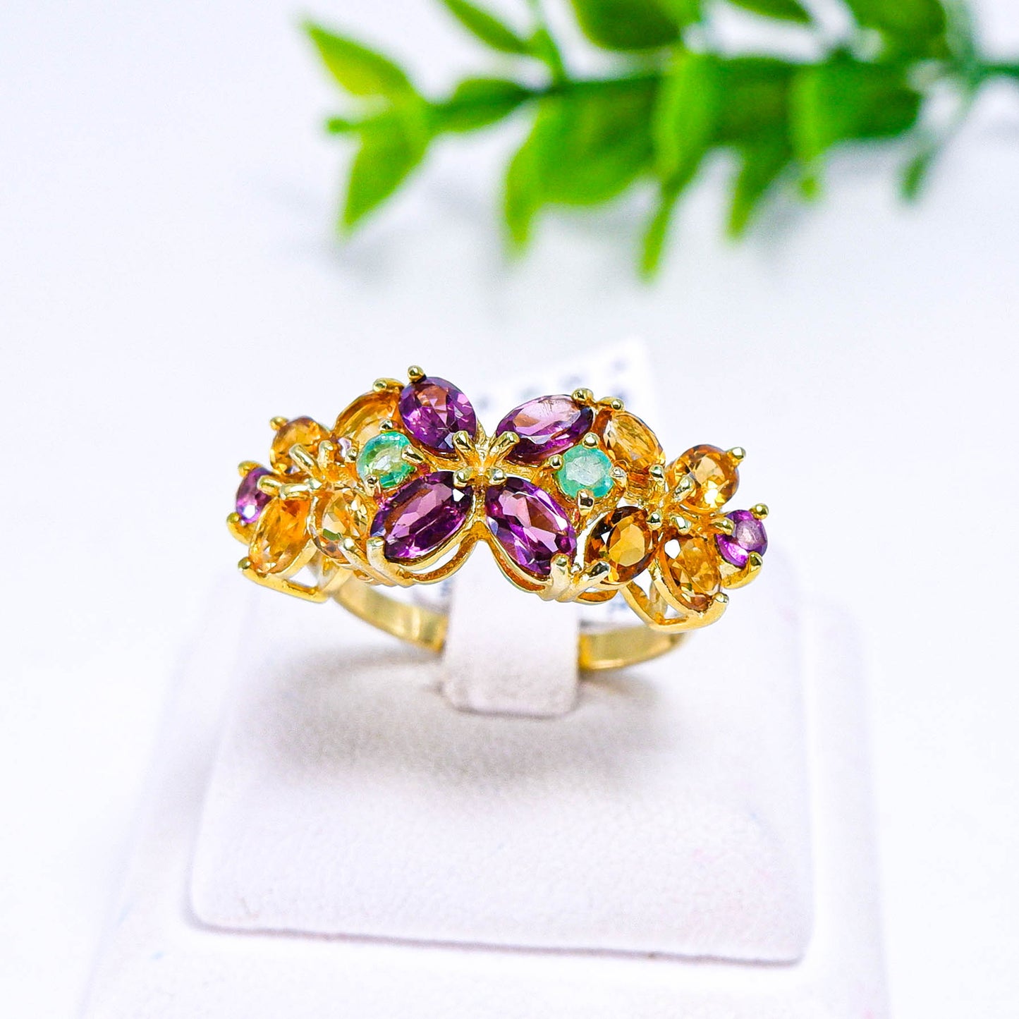 แหวนเงินแท้ 925 ฝังพลอย ซิทรีน(Citrine)+โรโดไลท์(Rhodolite)+มรกต(Emerald cut)