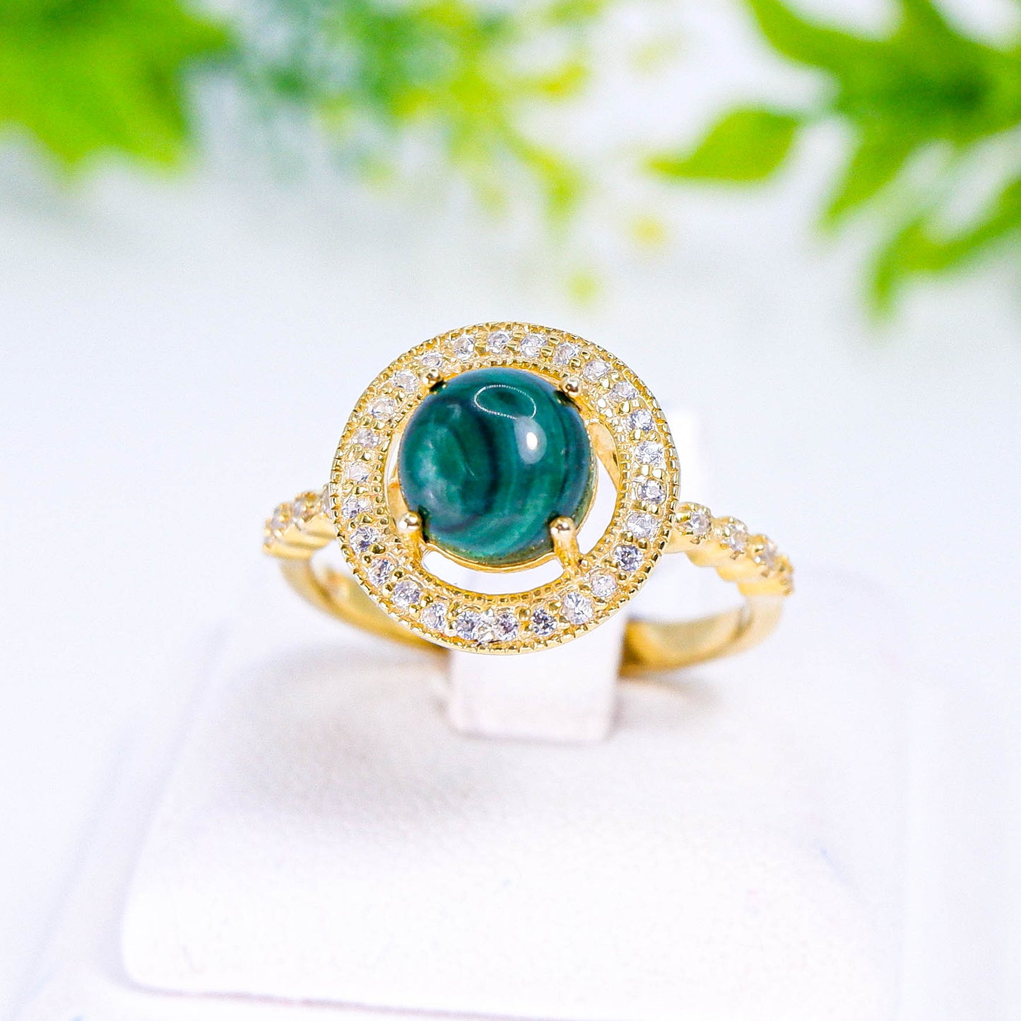 แหวนเงินแท้ 925 ฝังพลอย มาลาไคต์ (Malachite) + เซอร์คอน (Zircon)