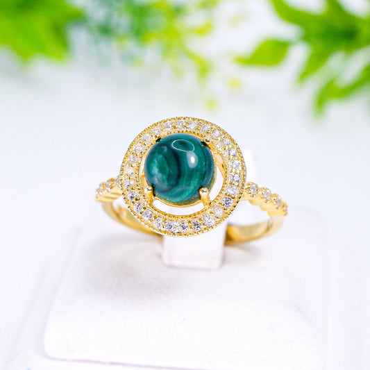 แหวนเงินแท้ 925 ฝังพลอย มาลาไคต์ (Malachite) + เซอร์คอน (Zircon)