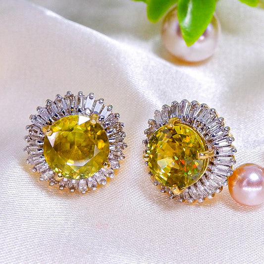 ต่างหูทอง9K ฝังพลอยสฟีน (Sphene)+ เพชร (Diamond)