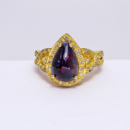 แหวนเงินแท้ 925 ฝังพลอย แบล็คโอปอล (Black Opal) + ไวท์โทพาส (whitetopaz)