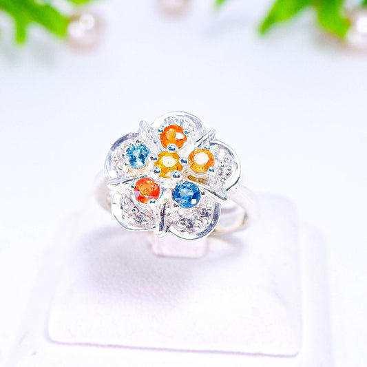 แหวนเงินแท้ 925 ฝังพลอย เพทายฟ้า (Blue Zircon)+แฟนซีแซฟไฟร์ (Fancy Sapphire)+เซอร์คอน (Zircon)