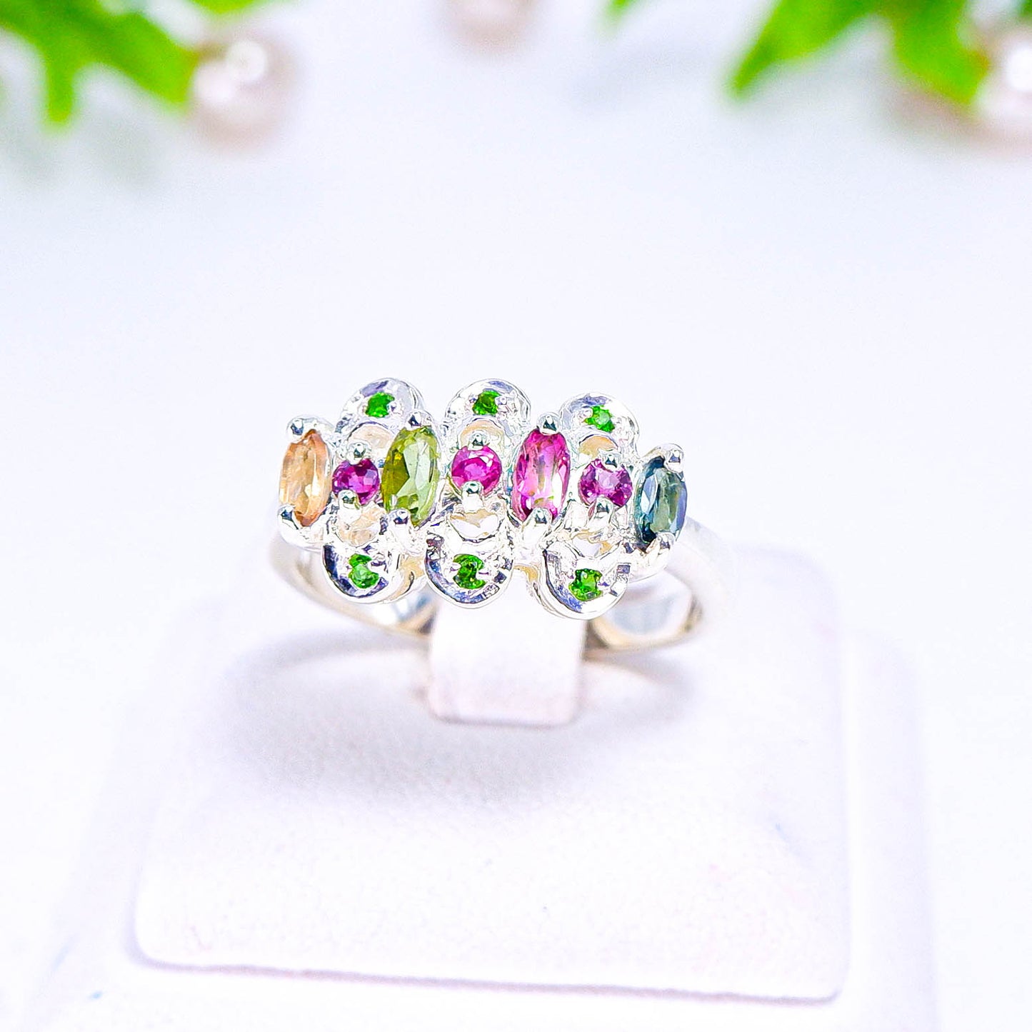 แหวนเงินแท้ 925 ฝังพลอย ทัวมาลีน (Tourmaline)+ทับทิมไทย (Siam Ruby)+กรีนโครมดิออปไซต์ (Green Chrome Diopside)