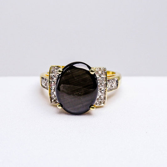 แหวนเงินแท้ 925 ฝังพลอย สตาร์บางกะจะ (Black Star Sapphire) + เซอร์คอน (Zircon)