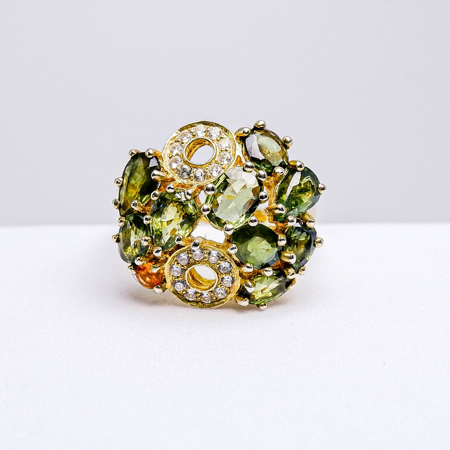 แหวนเงินแท้ 925 ฝังพลอย เขียวส่องบางกะจะ(green Sapphire) + ออเรนจ์แซฟไฟร์ (Orange Sapphire) + เซอร์คอน (Zircon)