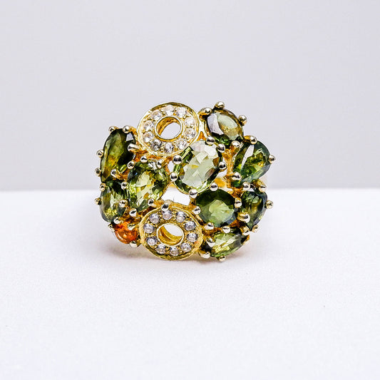 แหวนเงินแท้ 925 ฝังพลอย เขียวส่องบางกะจะ(green Sapphire) + ออเรนจ์แซฟไฟร์ (Orange Sapphire) + เซอร์คอน (Zircon)