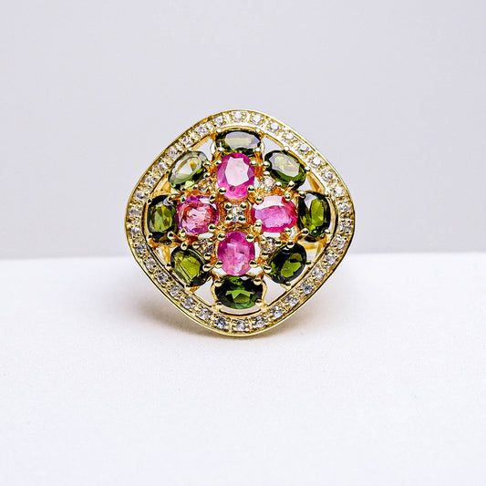แหวนเงินแท้ 925 ฝังพลอย ทับทิมไทย (Siam Ruby) + ทัวร์มาลีน (Tourmaline) + ไวท์โทพาส (whitetopaz)