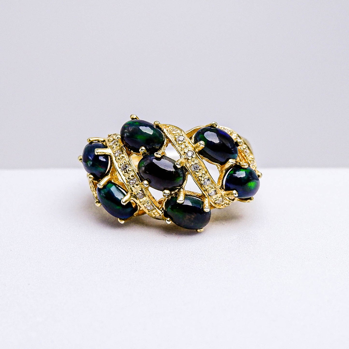 แหวนเงินแท้ 925 ฝังพลอย แบล็คโอปอล (Black Opal) + เซอร์คอน (Zircon)