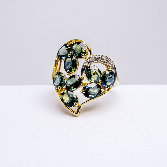 แหวนเงินแท้ 925 ฝังพลอย เขียวส่องบางกะจะ (green Sapphire) + ไวท์โทพาส (whitetopaz)