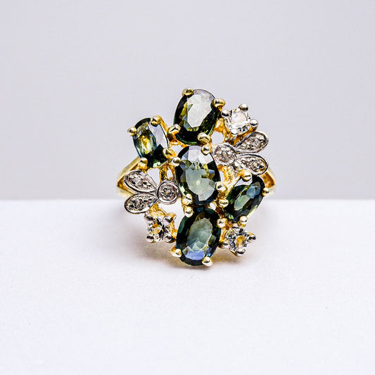 แหวนเงินแท้ 925 ฝังพลอย เขียวส่องบางกะจะ (green Sapphire) + ไวท์โทพาส (whitetopaz)