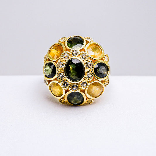 แหวนเงินแท้ 925 ฝังพลอย บุษราคัม(Yellow Sapphire)+เขียวส่อง(green Sapphire)+ไวทโทพาส(whitetopaz)
