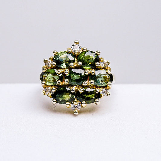 แหวนเงินแท้ 925 ฝังพลอย เขียวส่อง (green Sapphire) + เซอร์คอน (Zircon)