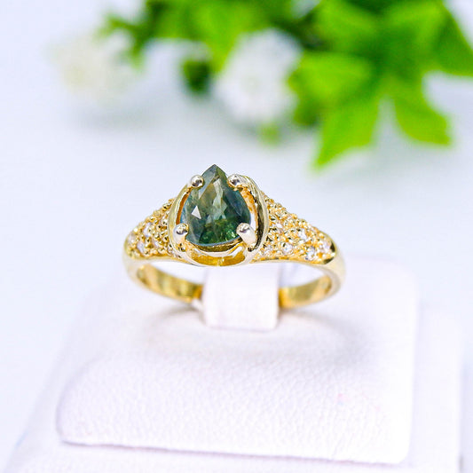 แหวนเงินแท้ 925 ฝังพลอย เขียวส่อง (green Sapphire) + ไวท์โทพาส (whitetopaz)