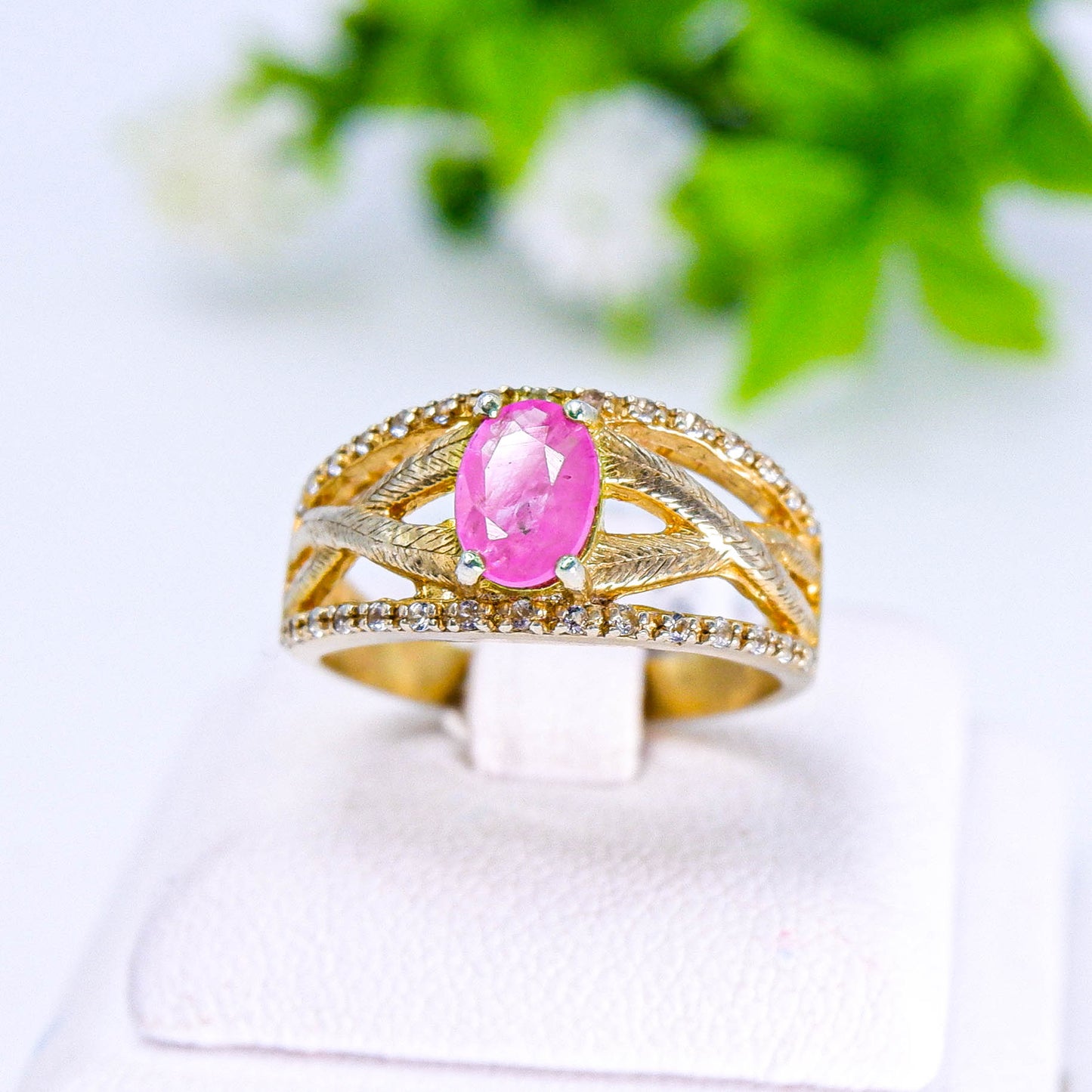 แหวนเงินแท้ 925 ฝังพลอย พิงค์แซฟไฟร์เวียดนาม (Pink Sapphire Vietnamese) + ไวท์โทพาส (whitetopaz)