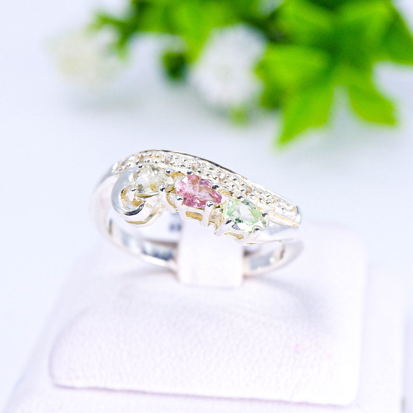 แหวนเงินแท้ 925 ฝังพลอย แฟนซีทัวมาลีน (Fancy Tourmaline) + เซอร์คอน (Zircon)