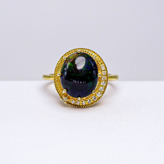 แหวนเงินแท้ 925 ฝังพลอย แบล็คโอปอล (Black Opal) + เซอร์คอน (Zircon)