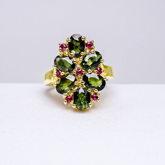 แหวนเงินแท้ 925 ฝังพลอย เขียวส่อง (green Sapphire) + ทับทิม (Ruby)