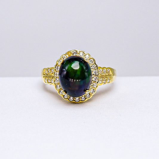 แหวนเงินแท้ 925 ฝังพลอย แบล็คโอปอล (Black Opal) + เซอร์คอน (Zircon)