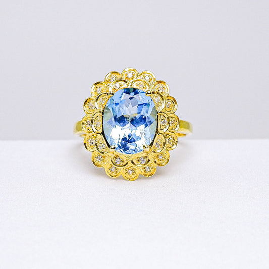 แหวนเงินแท้ 925 ฝังพลอย บลูโทพาส (Blue Topaz) + เซอร์คอน (Zircon)