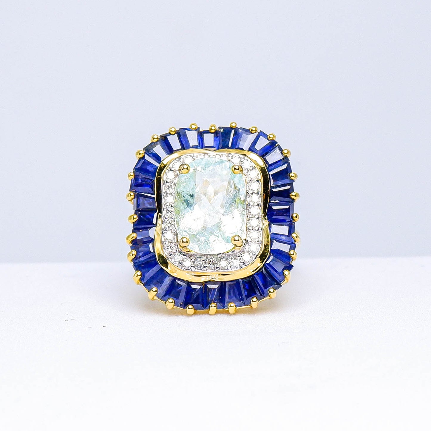 แหวนทอง9K ฝังพลอย พาไรบ้าทัวร์มาลีน (fancy sapphire) + ไพลินกาญจนบุรี (blue sapphire) + เพชร (Diamond)