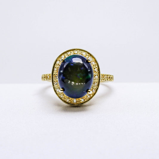 แหวนเงินแท้ 925 ฝังพลอย แบล็คโอปอล (Black Opal) + ไวท์โทพาส (whitetopaz)