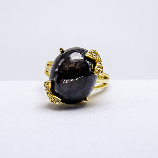 แหวนเงินแท้ 925 ฝังพลอย แบล็คสตาร์ (Black Star Sapphire) + ไวท์โทพาส (whitetopaz)