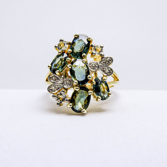 แหวนเงินแท้ 925 ฝังพลอย เขียวส่องบางกะจะ (green Sapphire) + ไวท์โทพาส (whitetopaz)