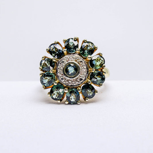 แหวนเงินแท้ 925 ฝังพลอย เขียวส่อง (green Sapphire) + เซอร์คอน (Zircon)
