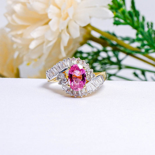 แหวนทอง9K ฝังพลอยพิงค์แซฟไฟร์ (Pink Sapphire) + เพชร (Diamond)