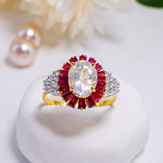 แหวนทอง9K ฝังพลอยเรนโบว์มูนสโตน (Rainbow moonstone) + ทับทิม (Ruby) + เพชร (Diamond)