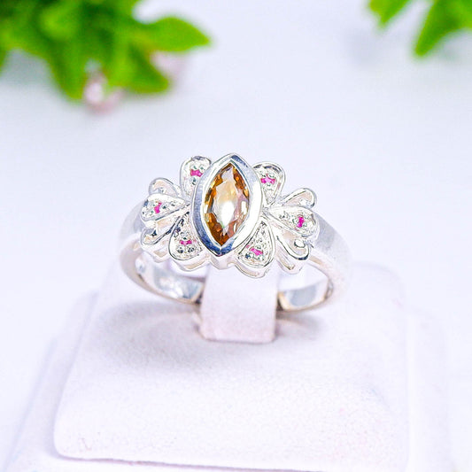 แหวนเงินแท้ 925 ฝังพลอย บุษราคัม (Yellow Sapphire) + ทับทิม (Ruby)