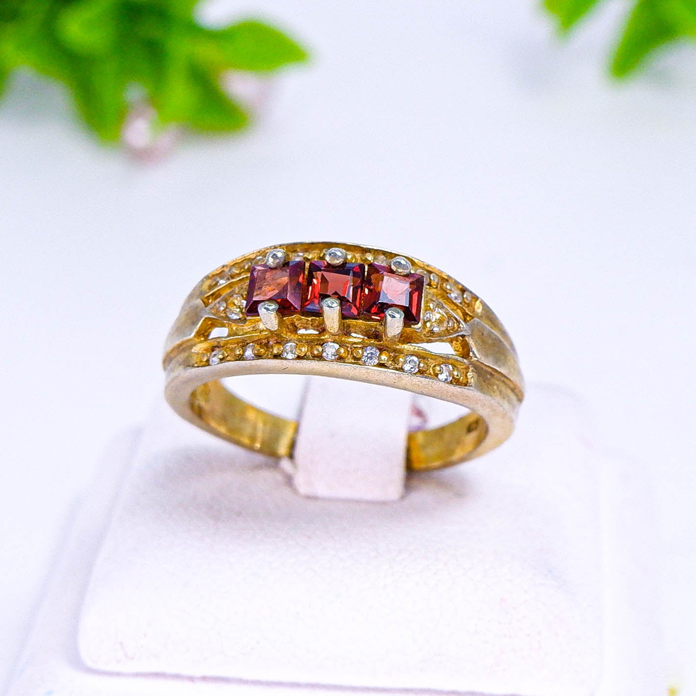 แหวนเงินแท้ 925 ฝังพลอย โกเมน (Garnet) + โทพาส (Topaz)