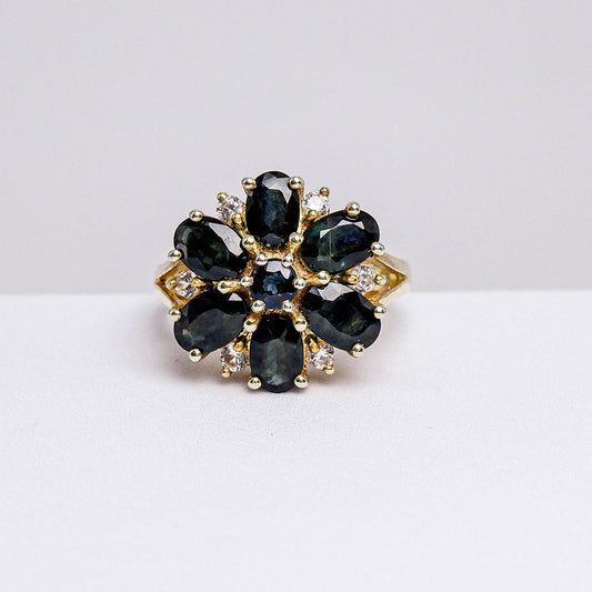 แหวนเงินแท้ 925 ฝังพลอย เขียวส่อง (green Sapphire) + เซอร์คอน (Zircon)