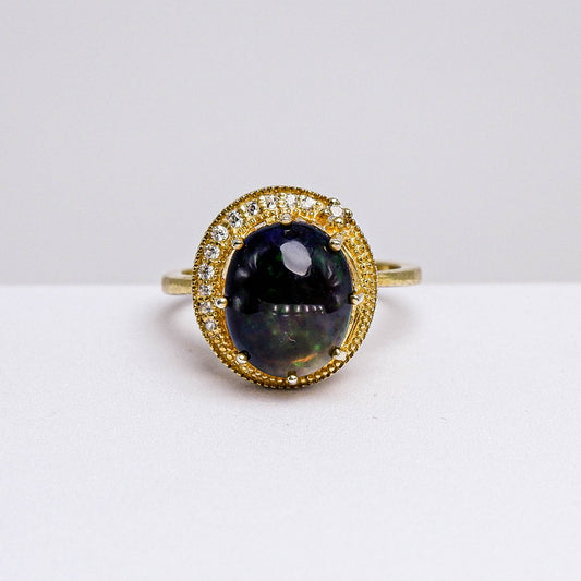 แหวนเงินแท้ 925 ฝังพลอย แบล็คโอปอล (Black Opal) + เซอร์คอน (Zircon)