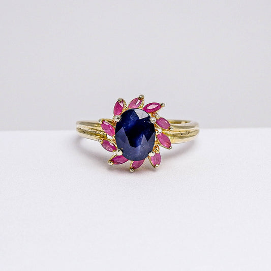 แหวนเงินแท้ 925 ฝังพลอย ไพลิน (Blue Sapphire) + ทับทิมพม่า (Pigeon Blood)