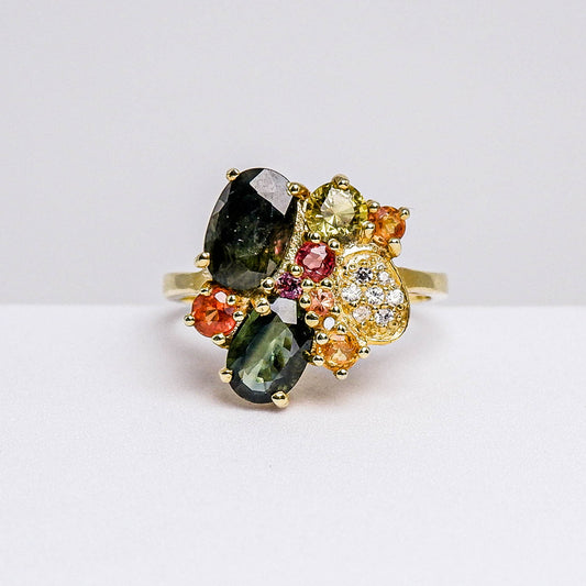 แหวนเงินแท้ 925 ฝังพลอย เขียวส่อง (green Sapphire) + แฟนซีแซฟไฟร์ (Fancy Sapphire) + เซอร์คอน (Zircon)