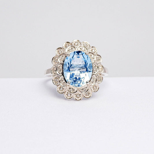 แหวนเงินแท้ 925 ฝังพลอย บลูโทพาส (Blue Topaz) + เซอร์คอน (Zircon)
