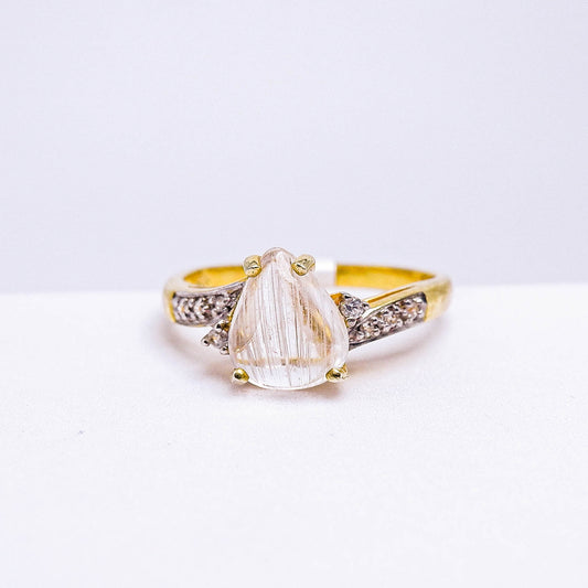 แหวนเงินแท้ 925 ฝังพลอย ไหมทอง (Gold Rutilated Quartz) +  เซอร์คอน (Zircon)