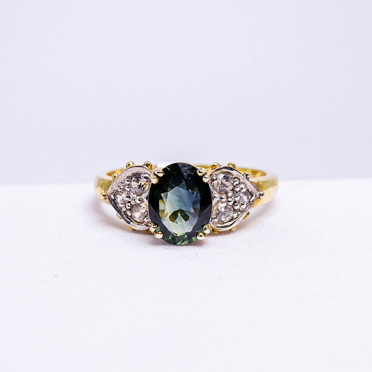 แหวนเงินแท้ 925 ฝังพลอย เขียวส่อง (green Sapphire) + เซอร์คอน (Zircon)